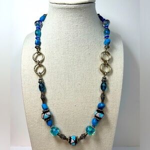 Glass and Silver Tone Beaded Necklace Faux Turquoise Stones